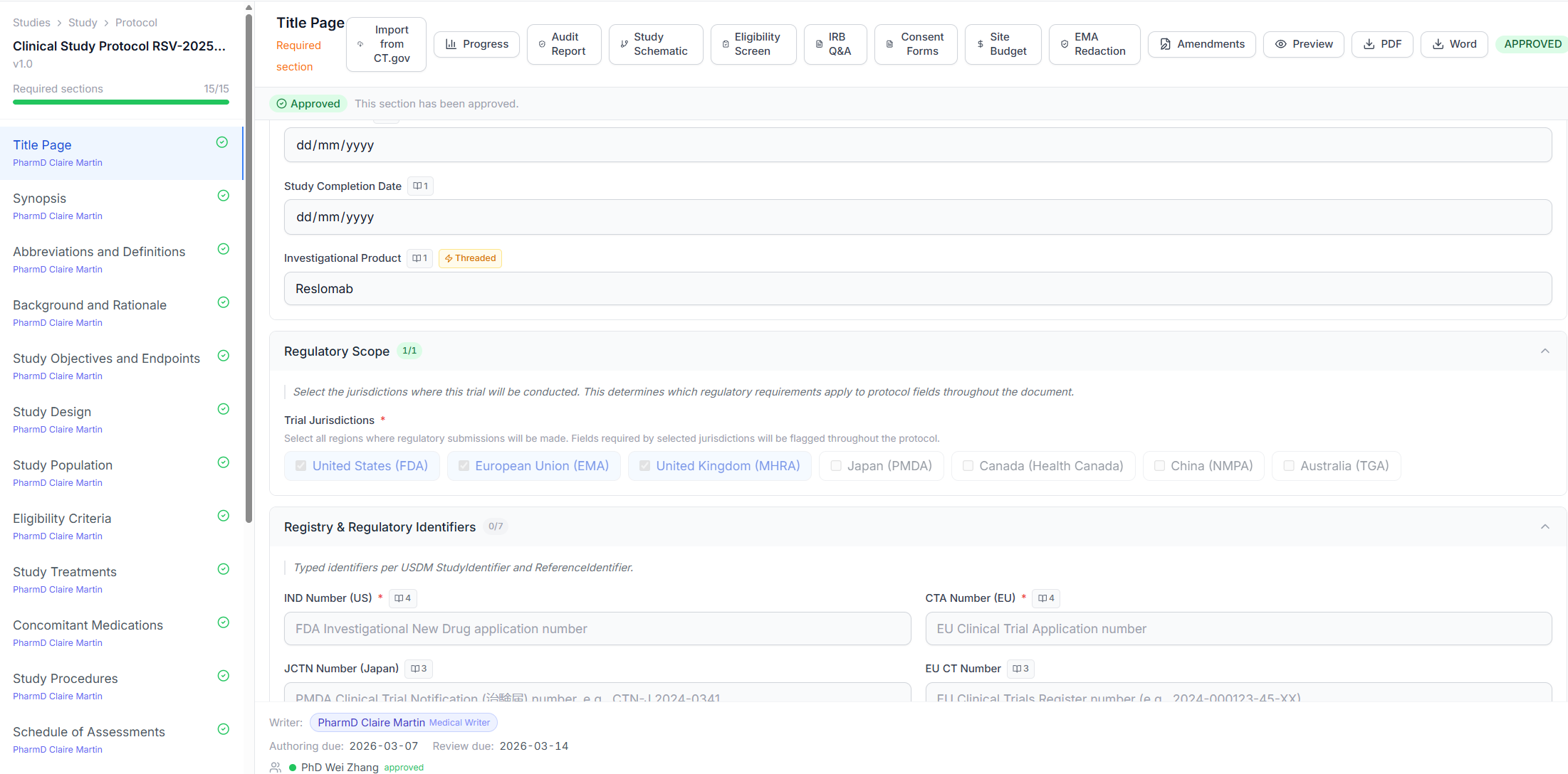Trelice authoring app showing the Clinical Study Protocol title page