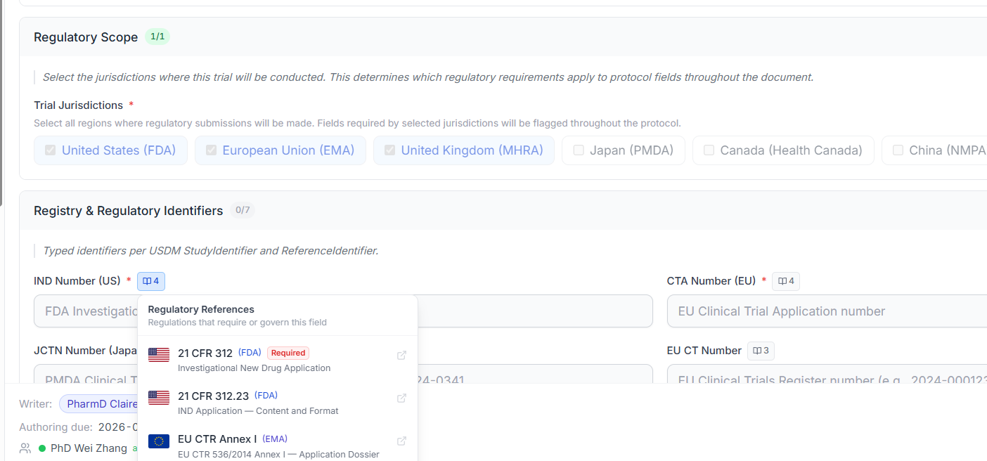 Trelice showing which regulation each protocol field stems from for the selected jurisdictions