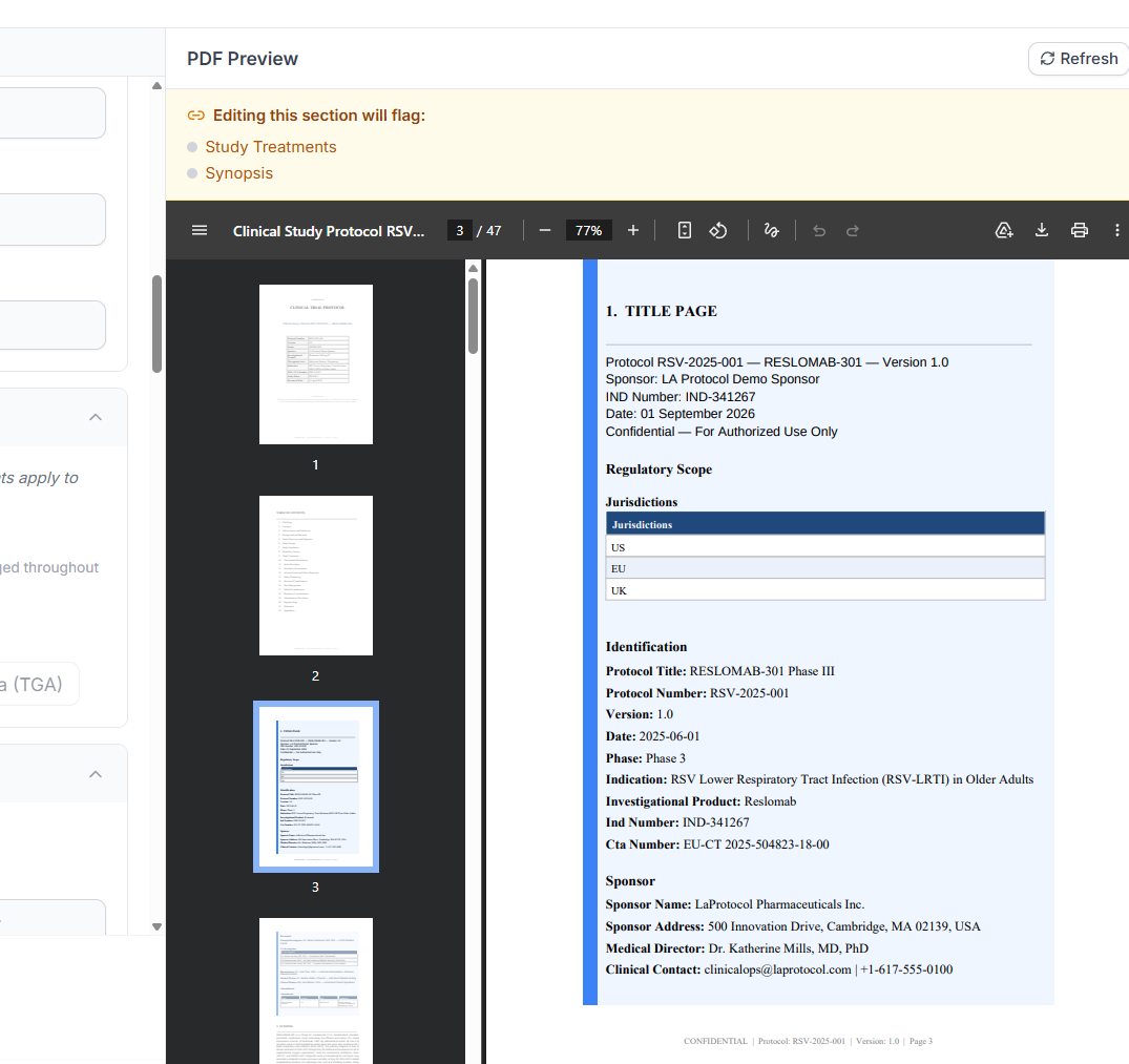 Trelice live Word and PDF preview rendered beside the protocol editor