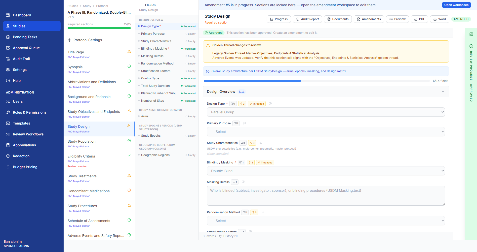 Trelice protocol editor on the Study Design section: structured fields, a section list with per-section writers and status, and an amendment-in-progress banner