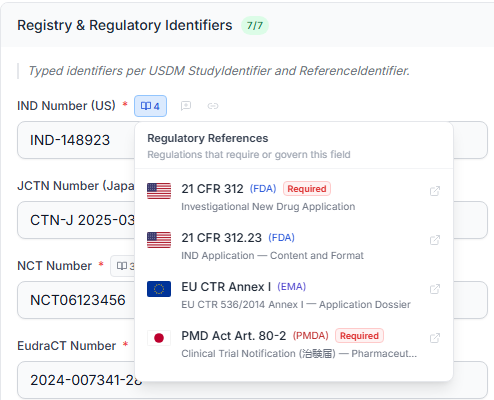 Trelice regulatory references for the IND Number field: 21 CFR 312 marked required for the FDA, EU CTR Annex I for the EMA, and the PMD Act for the PMDA