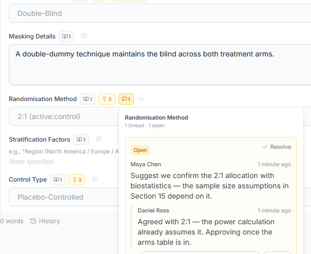 Trelice comment thread anchored to the Randomisation Method field, with a writer’s question and a reviewer’s reply