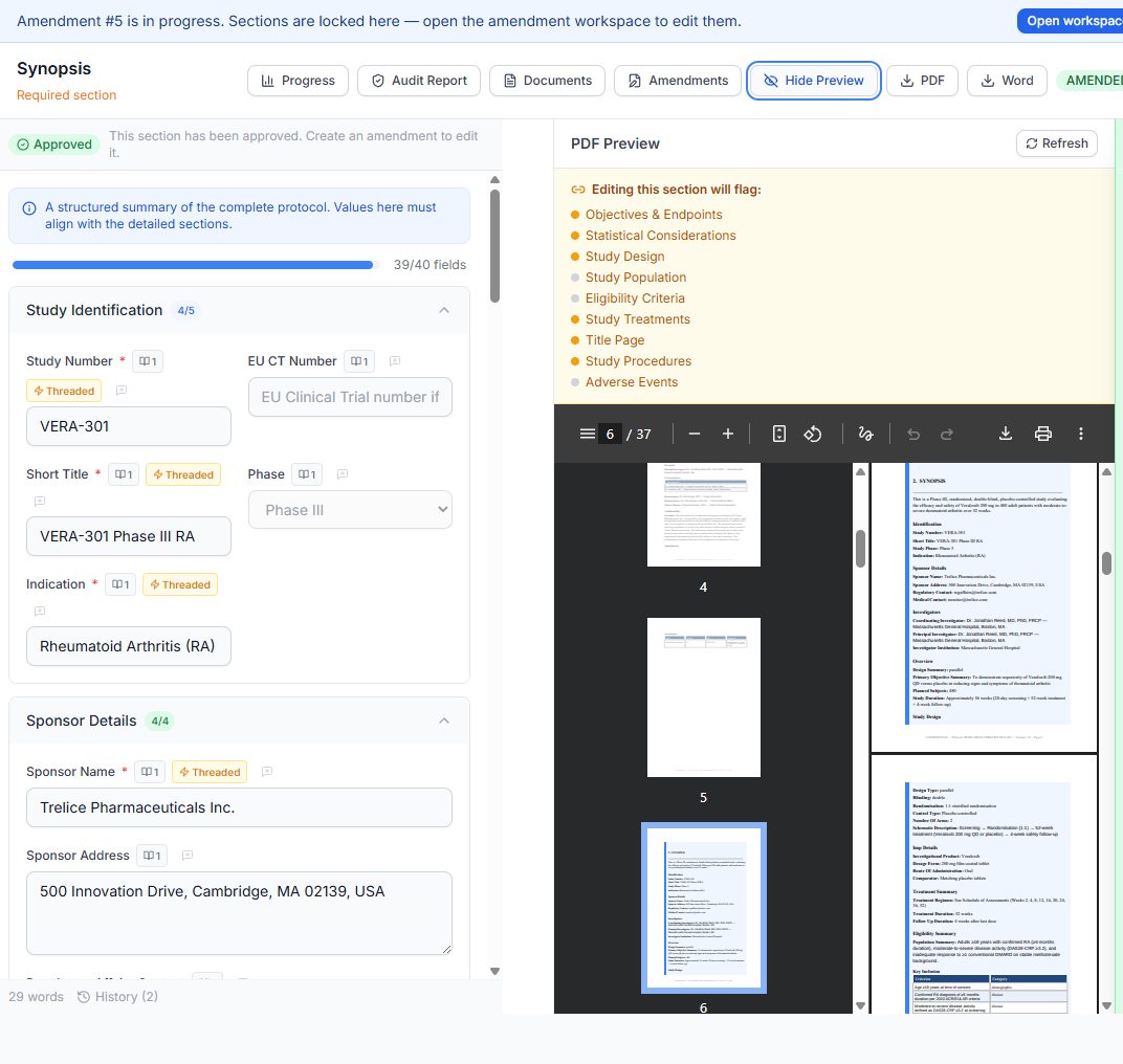 Trelice protocol editor beside the live PDF preview, with page thumbnails and the rendered synopsis