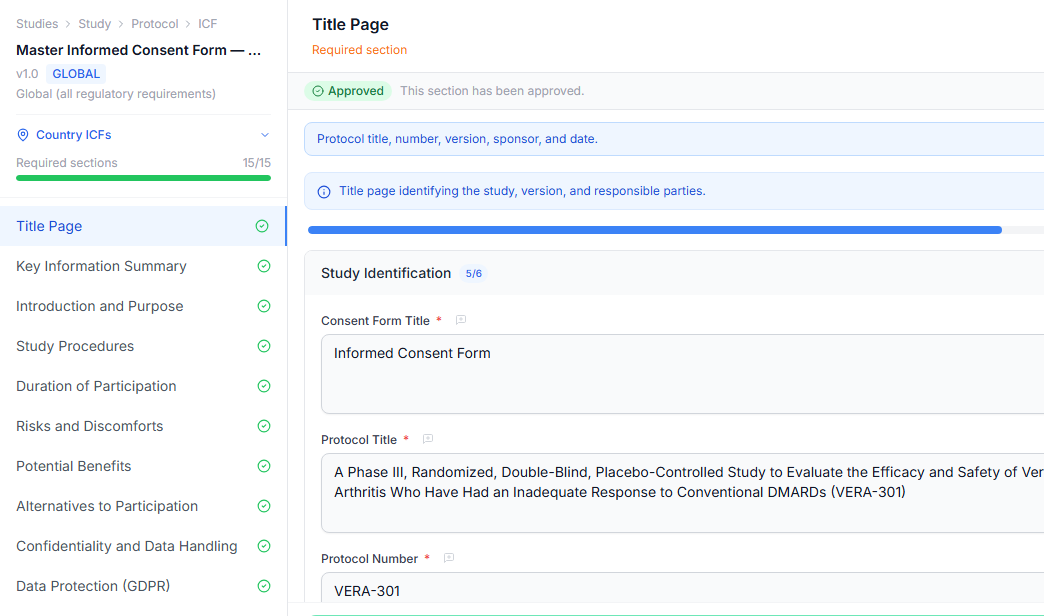 Trelice master informed consent form editor: 16 consent sections listed at left, with the title page fields filled from the protocol