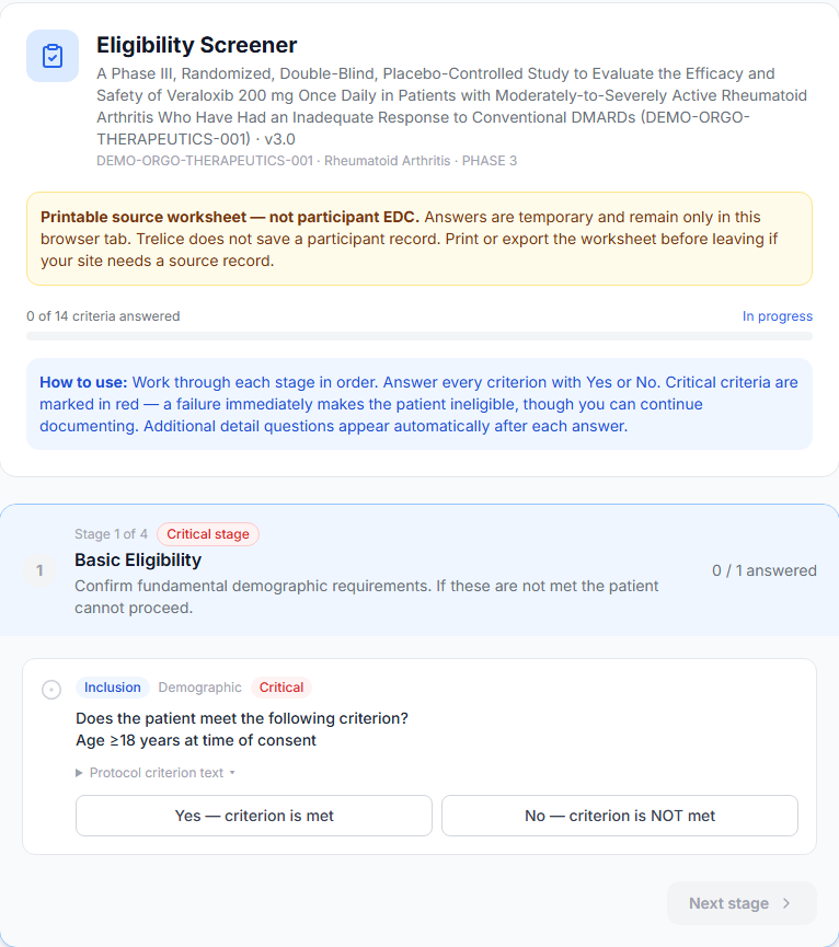 Trelice eligibility screener staged from the protocol criteria: critical stages, one yes or no question per criterion, and the protocol criterion text on hand