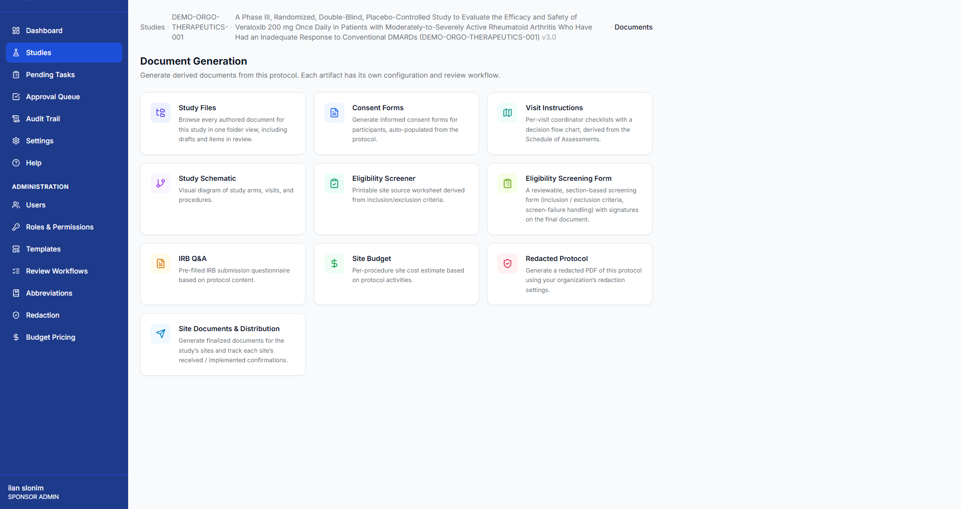 Trelice document generation hub for one protocol: consent forms, visit instructions, study schematic, eligibility screener and screening form, IRB Q&A, site budget, redacted protocol, and site distribution